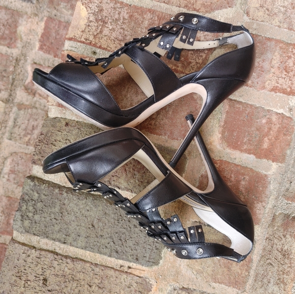 JIMMY CHOO BLACK LEATHER STUDDED FRINGE PLATFORM SANDALS, 39 - Picture 11 of 16